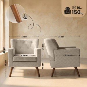 Cremefarbener CLP Kioni Loungesessel mit Cordbezug. Vorder- und Seitenansicht mit Maßen: 80x72x74 cm, 150 kg Belastung.
