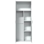Weißes Highboard (70x35x180 cm) aus Holzwerkstoff, offene Türen zeigen Fächer und Stauraum.