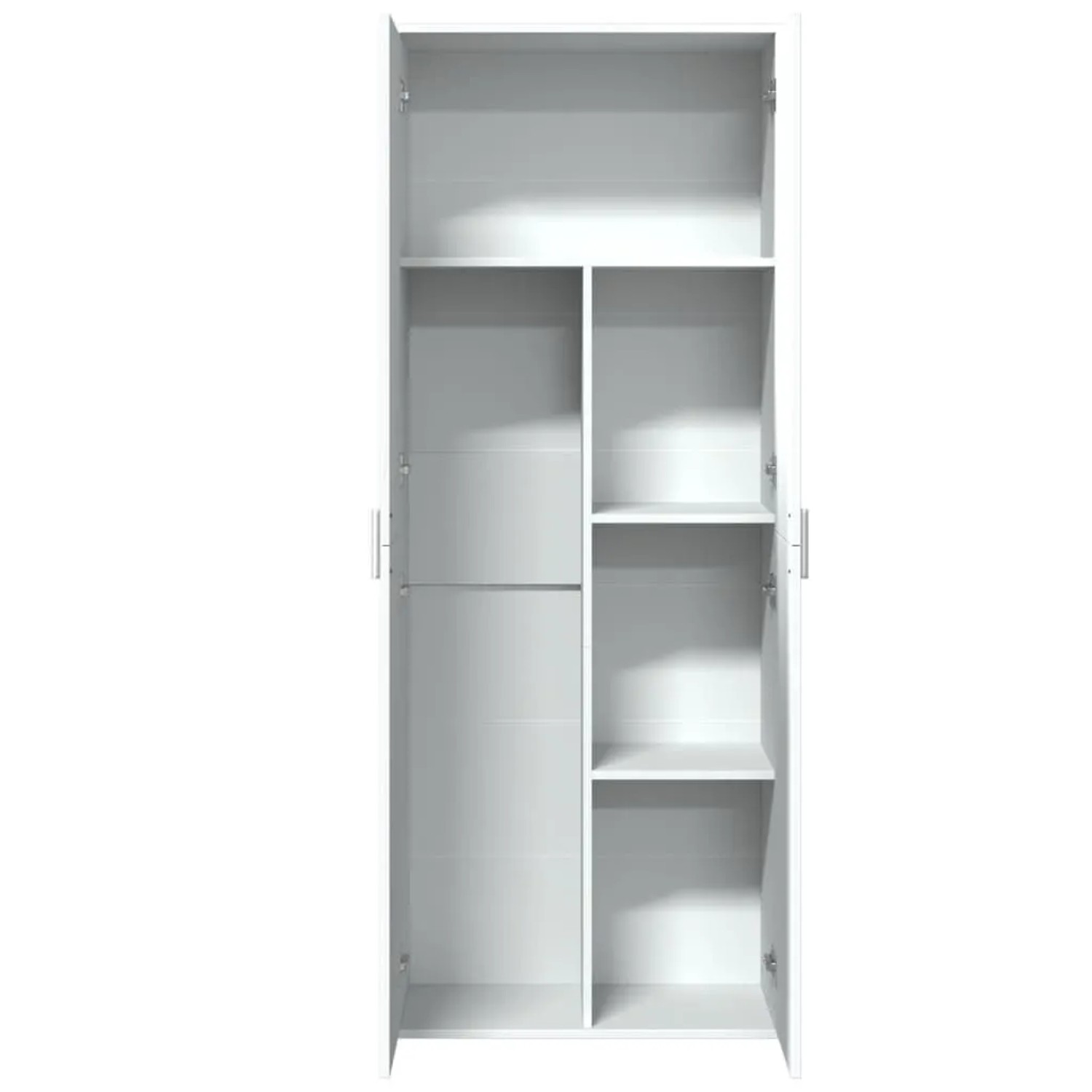 Weißes Highboard (70x35x180 cm) aus Holzwerkstoff, offene Türen zeigen Fächer und Stauraum.