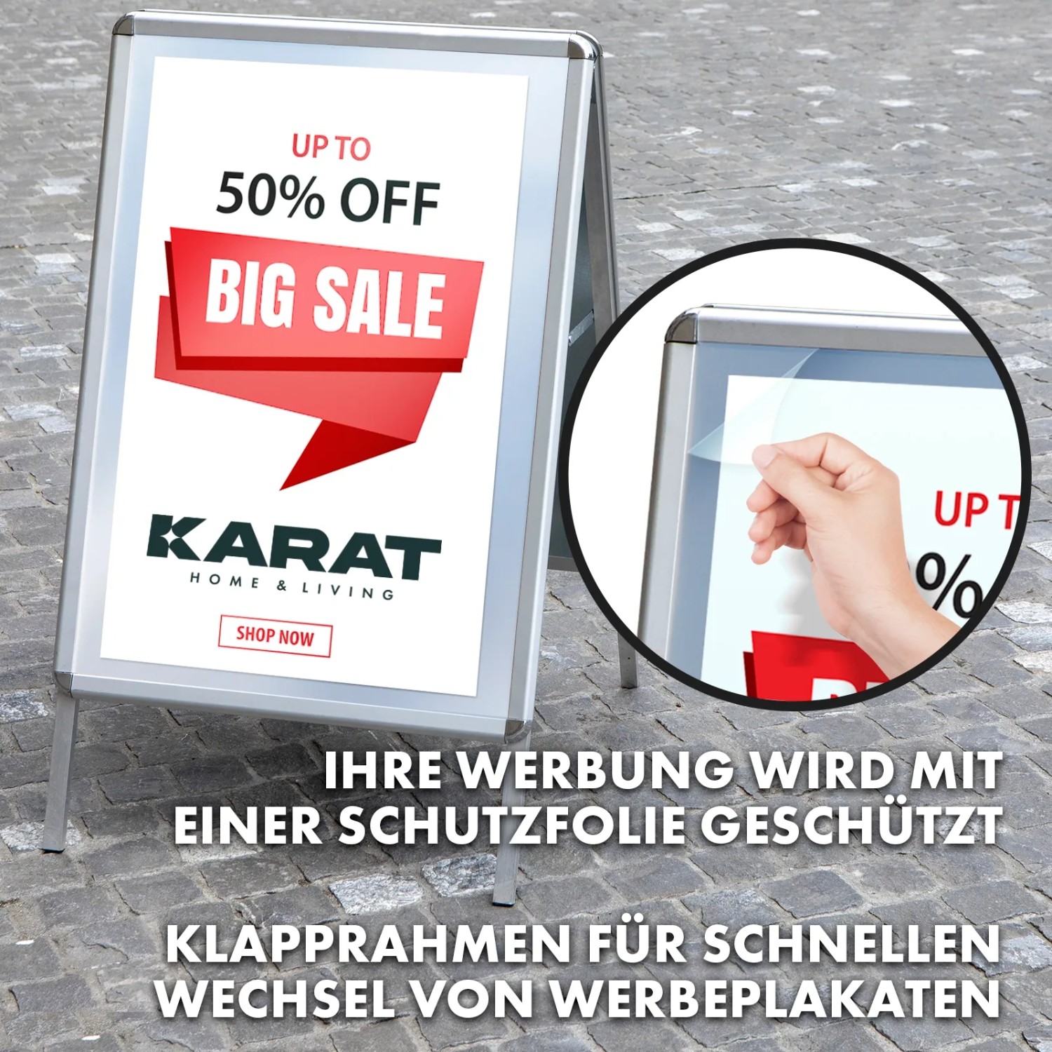 KARAT Kundenstopper A1 aus Aluminium für Plakate, doppelseitig, mit Schutzfolie.