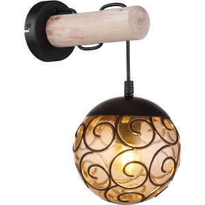 Schwarze Globo Wandlampe Ma x i mit Holzarm und amberfarbenem Glasschirm.