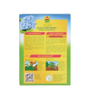 Rückseite Compo Blaue Hortensien Dünger Packung. Zeigt blaue Hortensie, Gieß- und Streuanwendung. Hortensiendünger.