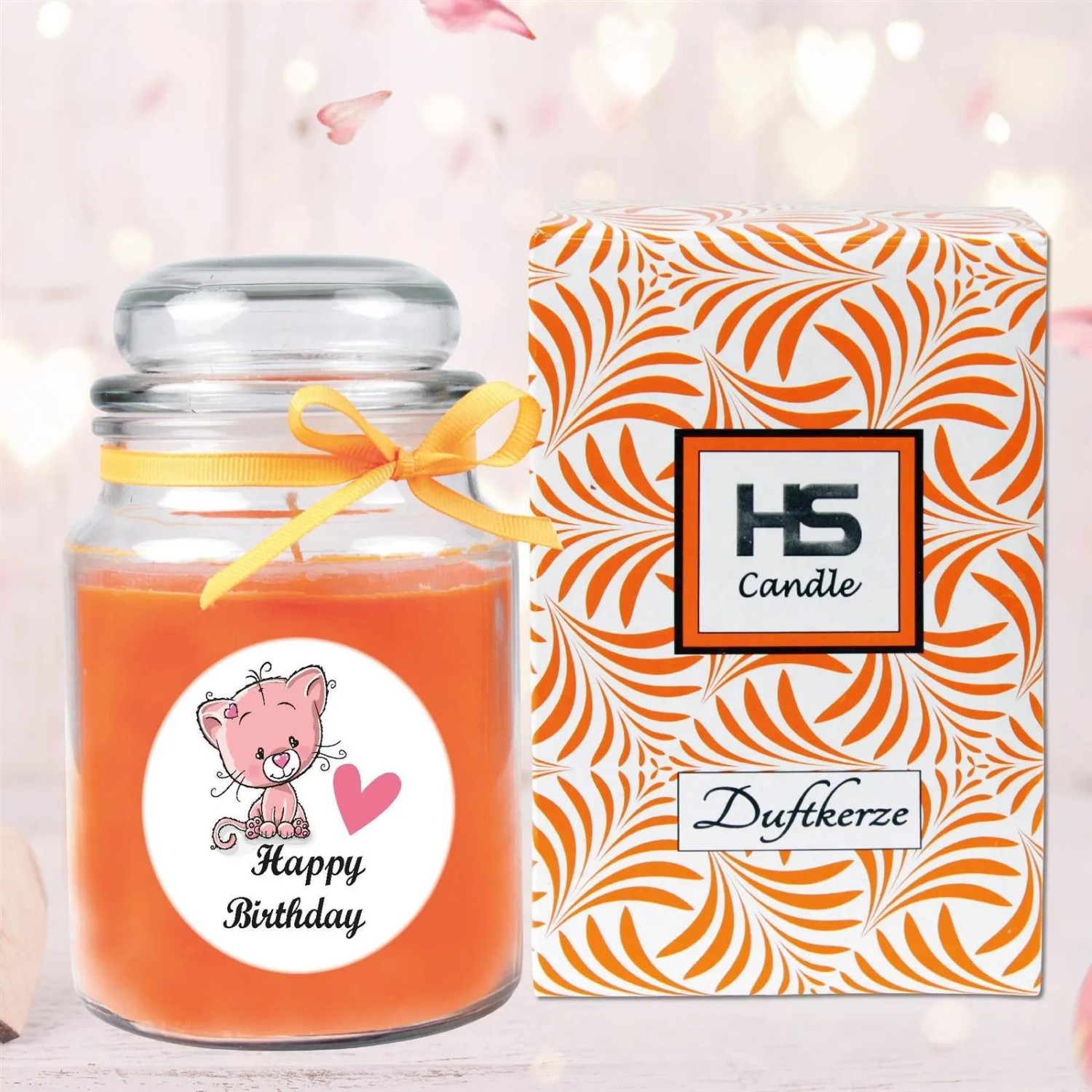 HS Candle Duftkerze Happy Birthday mit Katze und Honigmelone im Glas mit Geschenkverpackung.