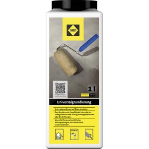 Sakret Universalgrundierung Gelb 1L: Grundierung für Wand, Decke und Boden, mit Farbroller aufgetragen.