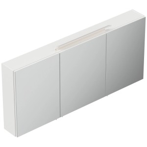 Weißer Hochglanz Spiegelschrank 140 cm mit 3 Spiegeltüren und integrierter LED-Lampe für das Badezimmer.