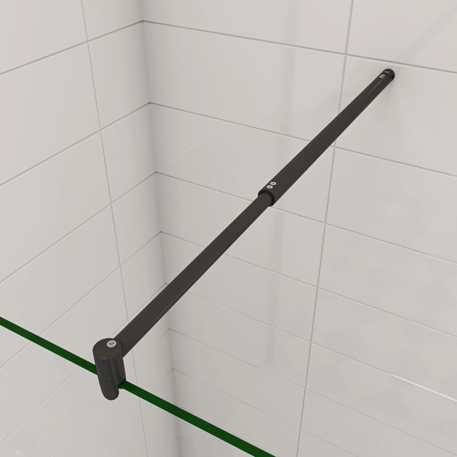 Detailaufnahme: AICA Walk In Duschkabine mit schwarzem Rahmen und Stabilisator.