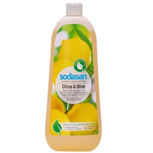 Sodasan Flüssigseife Citrus-Olive 1 Liter, gelbe Kunststoffflasche für Hand- & Körperpflege, tensidfrei.