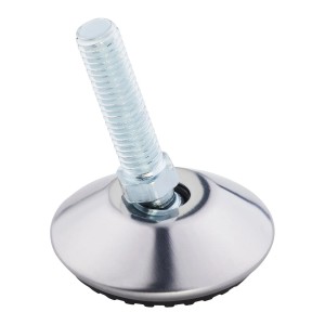 Silberner, neigbarer Verstellfuß aus Stahl mit M8 Gewinde und Ø40mm Bodenschützer für Möbel.