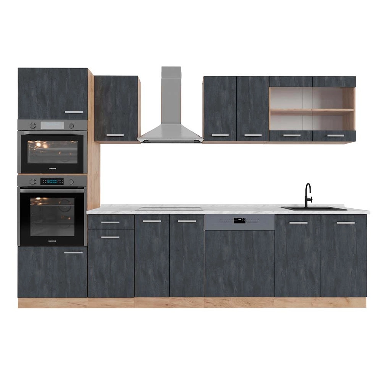 Vicco R-Line Komplettküche Schwarz Beton/Goldkraft Eiche 300 cm AP Marmor günstig online kaufen