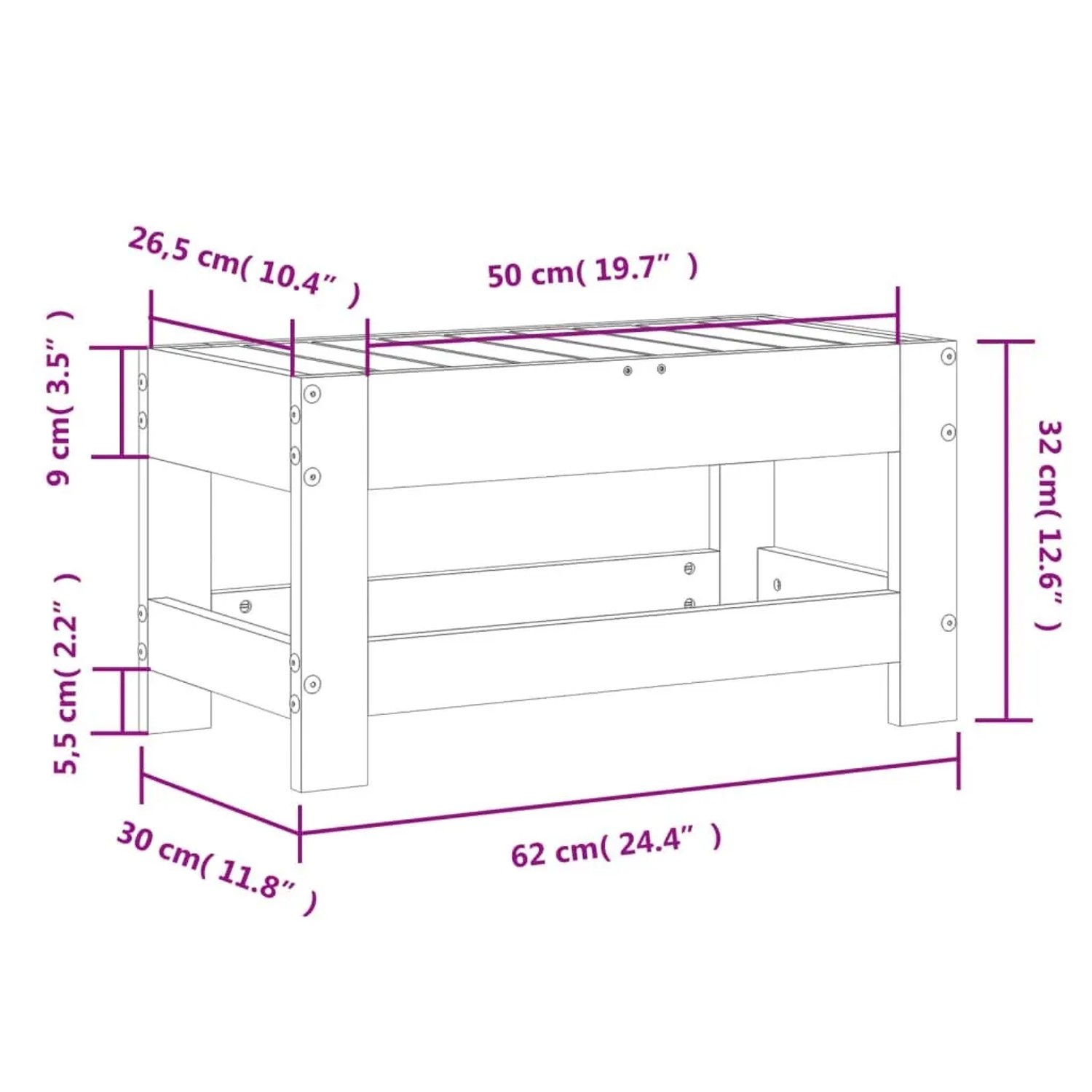 vidaXL Gartenhocker aus imprägniertem Kiefernholz, 62x30x32 cm, ideal als Sitzhocker oder Beistelltisch.