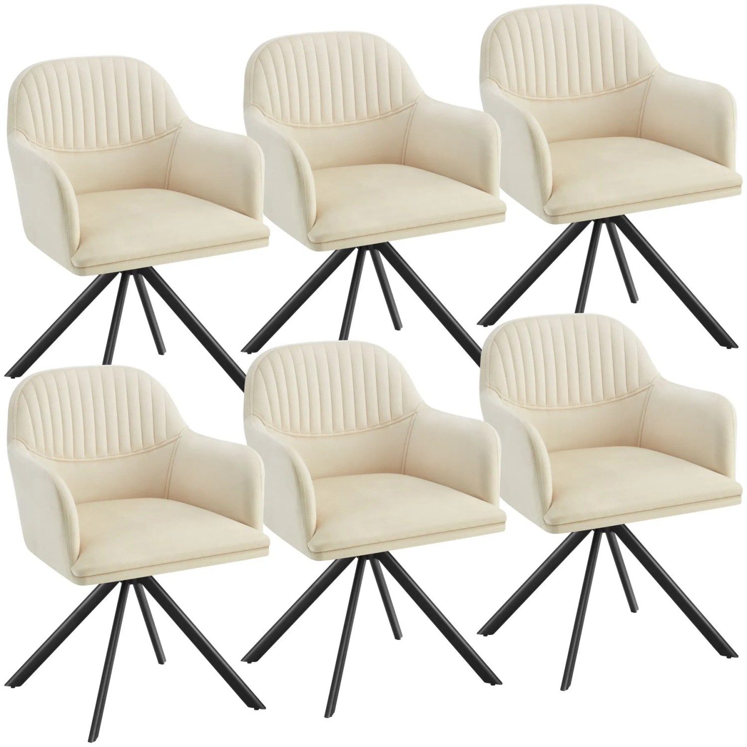 Tectake Samt Drehstuhl Lona Gepolstert Mit Durchgehender Lehne  6Er Set 59 x 56 x 81 cm Creme Schwarz