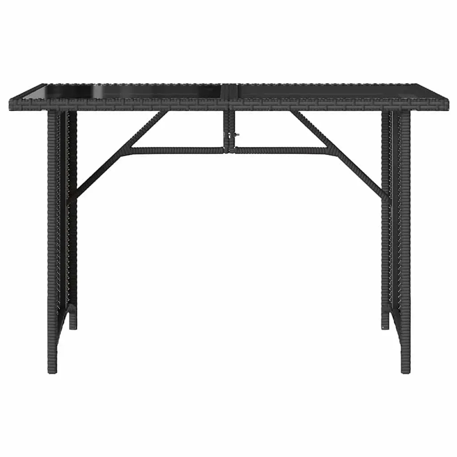 Schwarzer vidaXL Gartentisch mit Glasplatte, 110x68x70 cm, aus Poly Rattan.