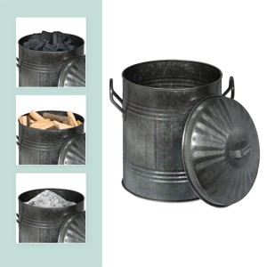 Relaxdays Ascheeimer Verzinktes Eisen Silber Mit Deckel 10 l 36 cm x 31,5 cm x 27 cm 1,6 kg