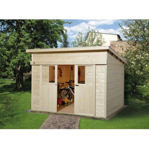 Unbehandeltes Weka Holz-Gartenhaus Turin mit Pultdach, 295x335 cm, mit geöffneten Doppeltüren und Fahrrad im Inneren.