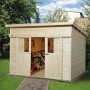 Unbehandeltes Weka Holz-Gartenhaus Turin mit Pultdach, 295x335 cm, mit geöffneten Doppeltüren und Fahrrad im Inneren.