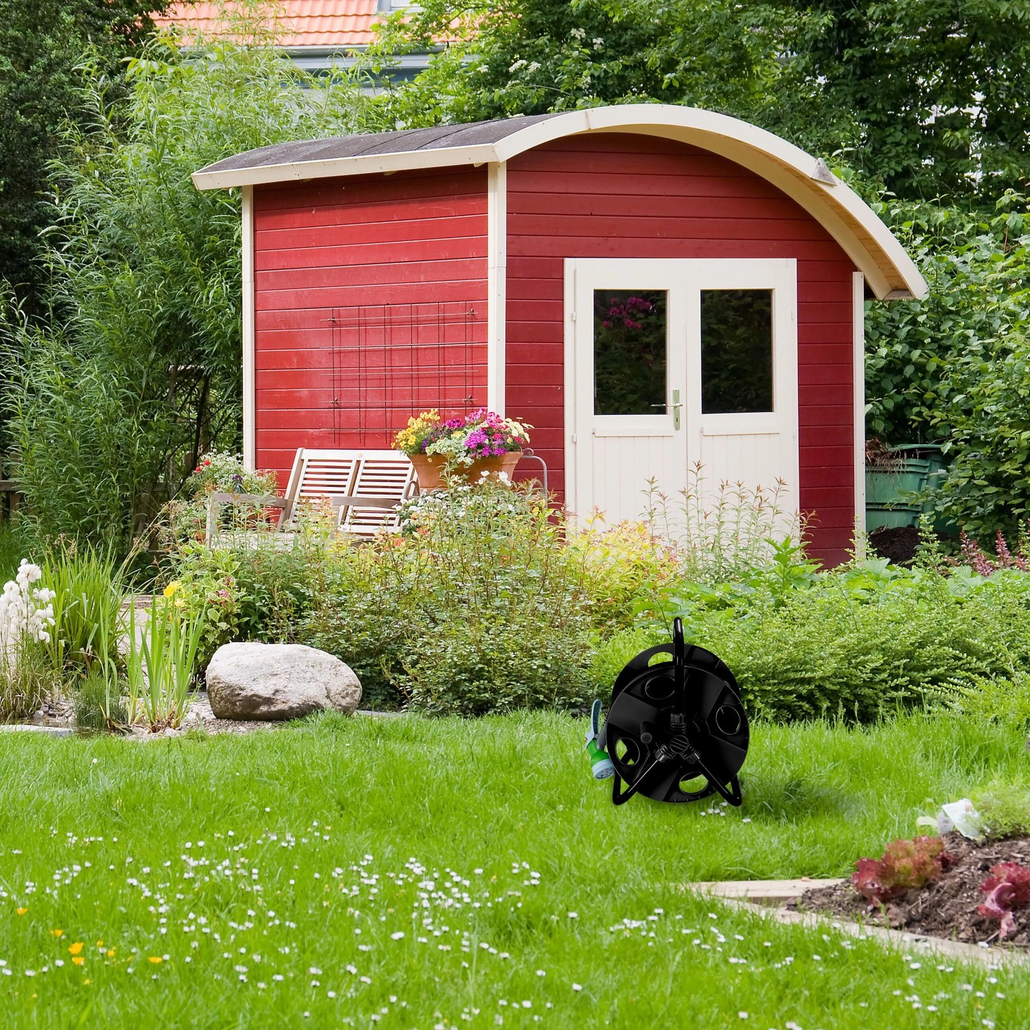 Relaxdays Schlauchtrommel Kunststoff Stahl Schwarz Kurbel 38 cm x 42 cm x 31 cm 1,2 kg_2