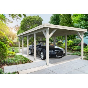 Palmako Flachdach-Einzelcarport Karl Natur mit Auto. Holzcarport mit flachem Dach.