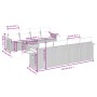 vidaXL 9-tlg. Garten-Sofagarnitur aus Rattan, beige, mit Kissen und Beistelltischen. Abmessungen sind eingezeichnet.