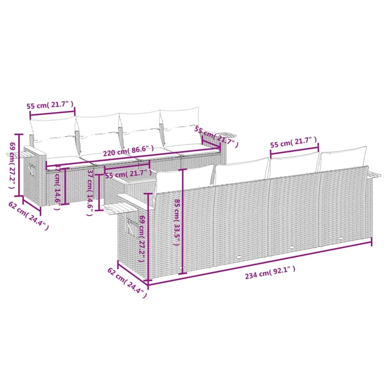 vidaXL 9-tlg. Garten-Sofagarnitur aus Rattan, beige, mit Kissen und Beistelltischen. Abmessungen sind eingezeichnet.