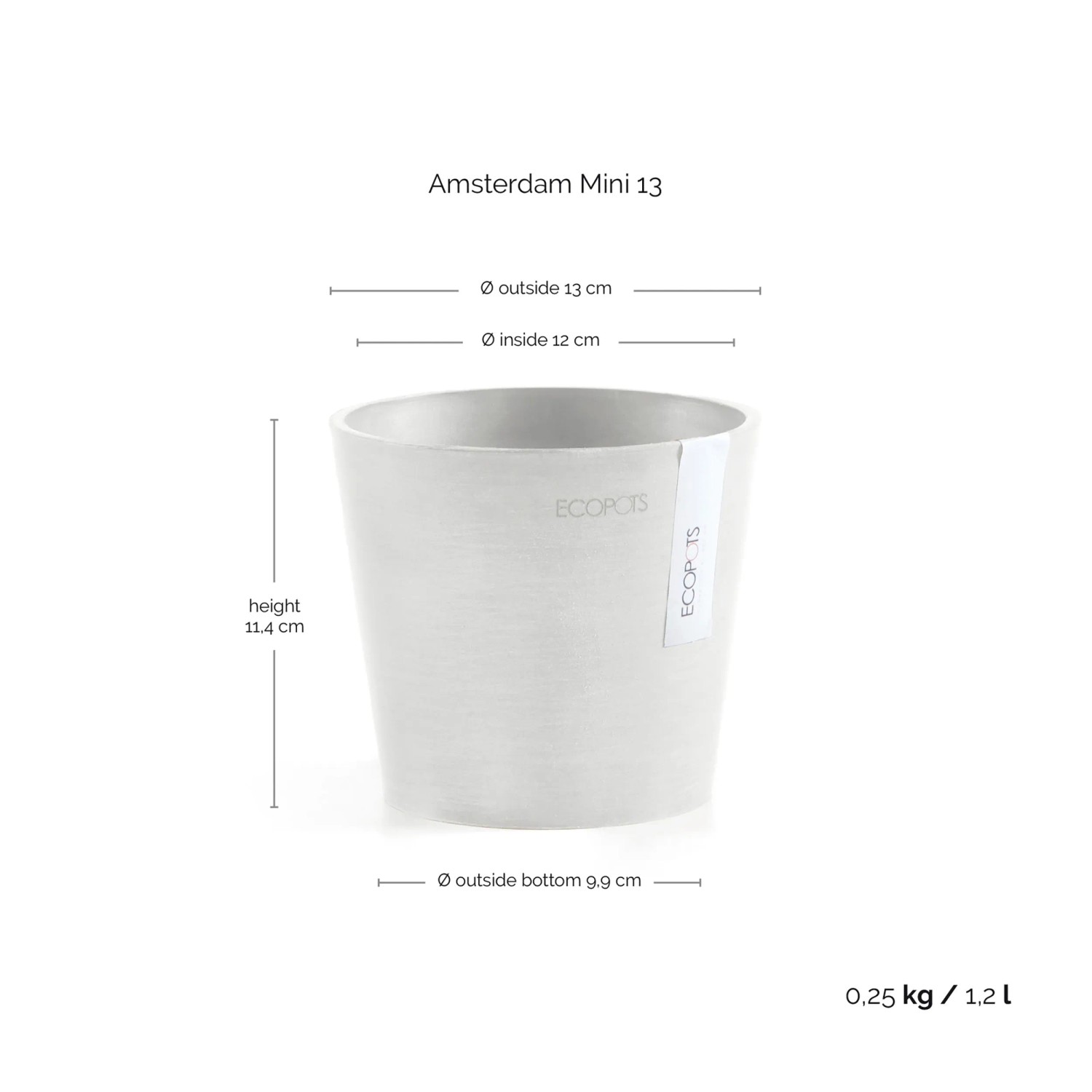 Ecopots Amsterdam Mini, weißer Pflanztopf, 13x11,4cm. Ideal für Zimmerpflanzen und Kräuter.