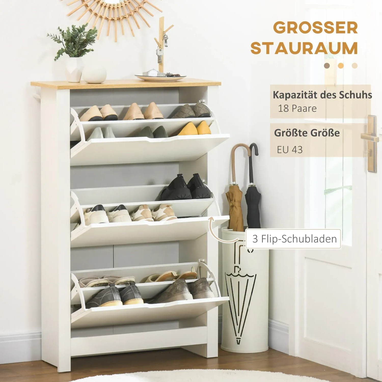 HOMCOM Schuhschrank mit 3 Klappen in Weiß und Holzoptik, bietet Platz für ca. 18 Paar Schuhe.