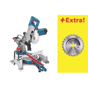 Bosch Professional Paneelsäge GCM 80 SJ, blau-silber, mit Sägeblatt und zweitem Sägeblatt.