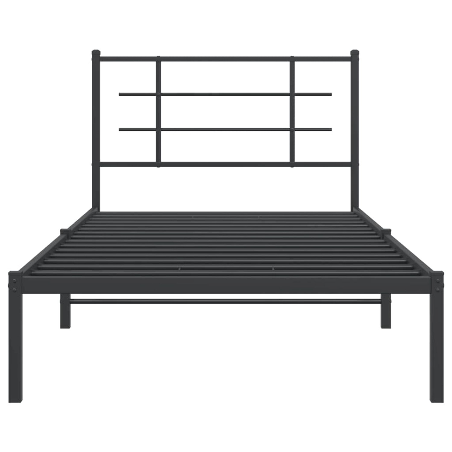 Schwarzes Metallbettgestell 107x203 cm mit Lattenrost und Kopfteil für Matratze (nicht enthalten).