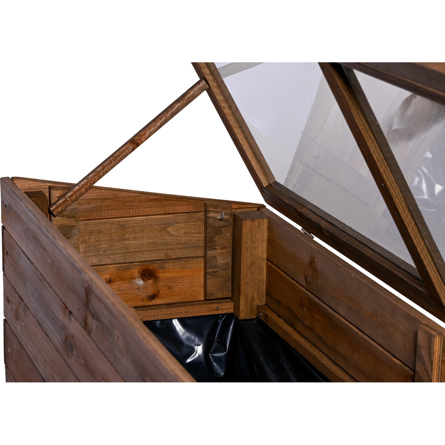 Dunkelbrauner Dobar Frühbeet-Aufsatz aus Holz für Hochbeet, geöffnet.