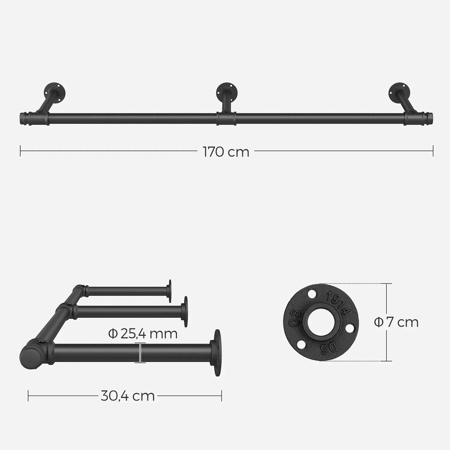 Songmics Kleiderständer zur Wandmontage, 170 cm breit, aus schwarzem Stahlrohr im Industrie-Stil.