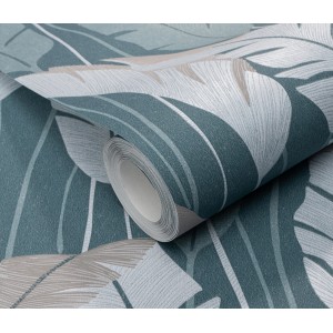 Erismann Vliestapete Melissa Arwen Petrol mit Blätter-Muster, aufgerollt.
