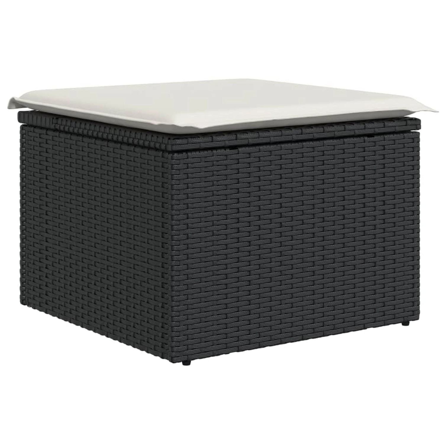 Schwarzer vidaXL Gartenmöbel-Fußhocker aus Rattan mit creme-weißem Kissen.