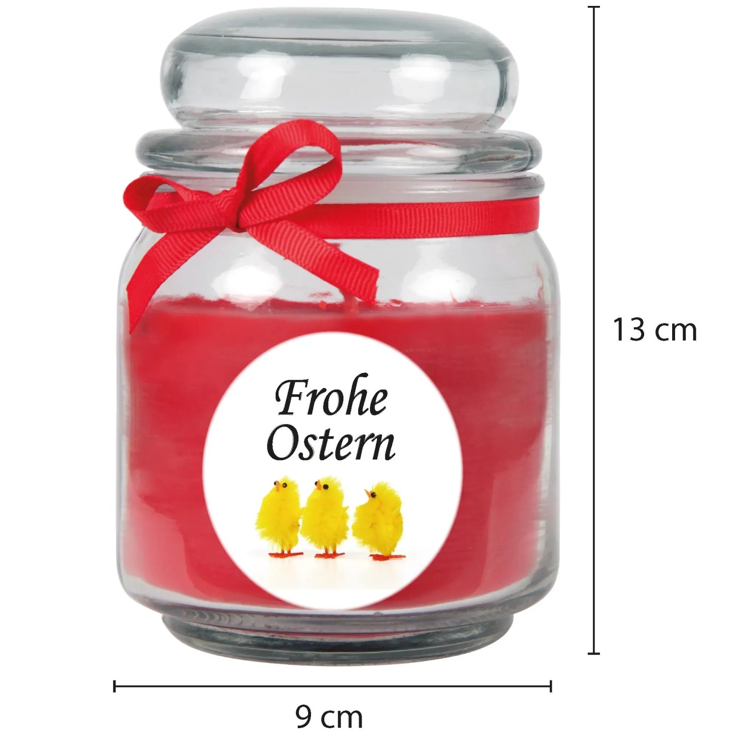 Duftkerze im Glas „Frohe Ostern“ mit Küken-Motiv und roter Schleife, Ø9 cm.