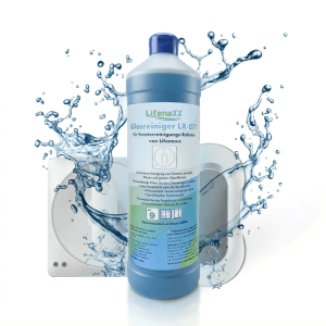 Blaue 1-Liter-Flasche Technaxx Reinigungslösung LX-077 für Fensterroboter, mit Wasserspritzern. Für streifenfreie Fenster.