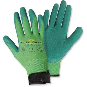 Grüne Workpower Gartenhandschuhe Eden, Größe 10, mit Latexbeschichtung und Klettverschluss.