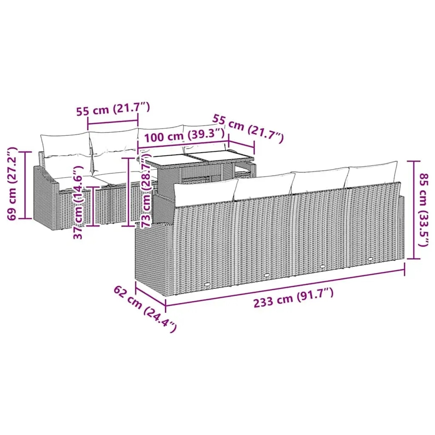 vidaXL Gartenmöbel Set, 9-teilig, beige Poly Rattan, mit Maßen. Ideal für Terrasse und Garten.