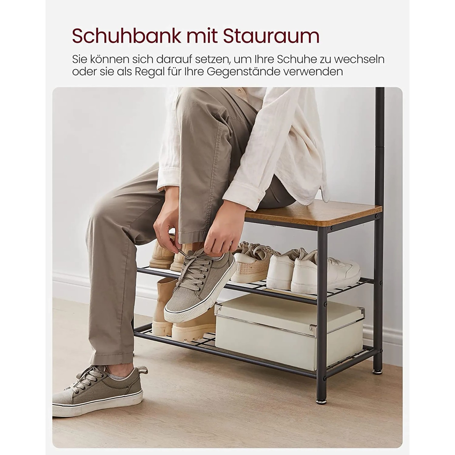 Vasagle Garderobenständer mit Schuhregal und Sitzbank in Braun-Schwarz. Praktische Aufbewahrung für Flur und Diele.