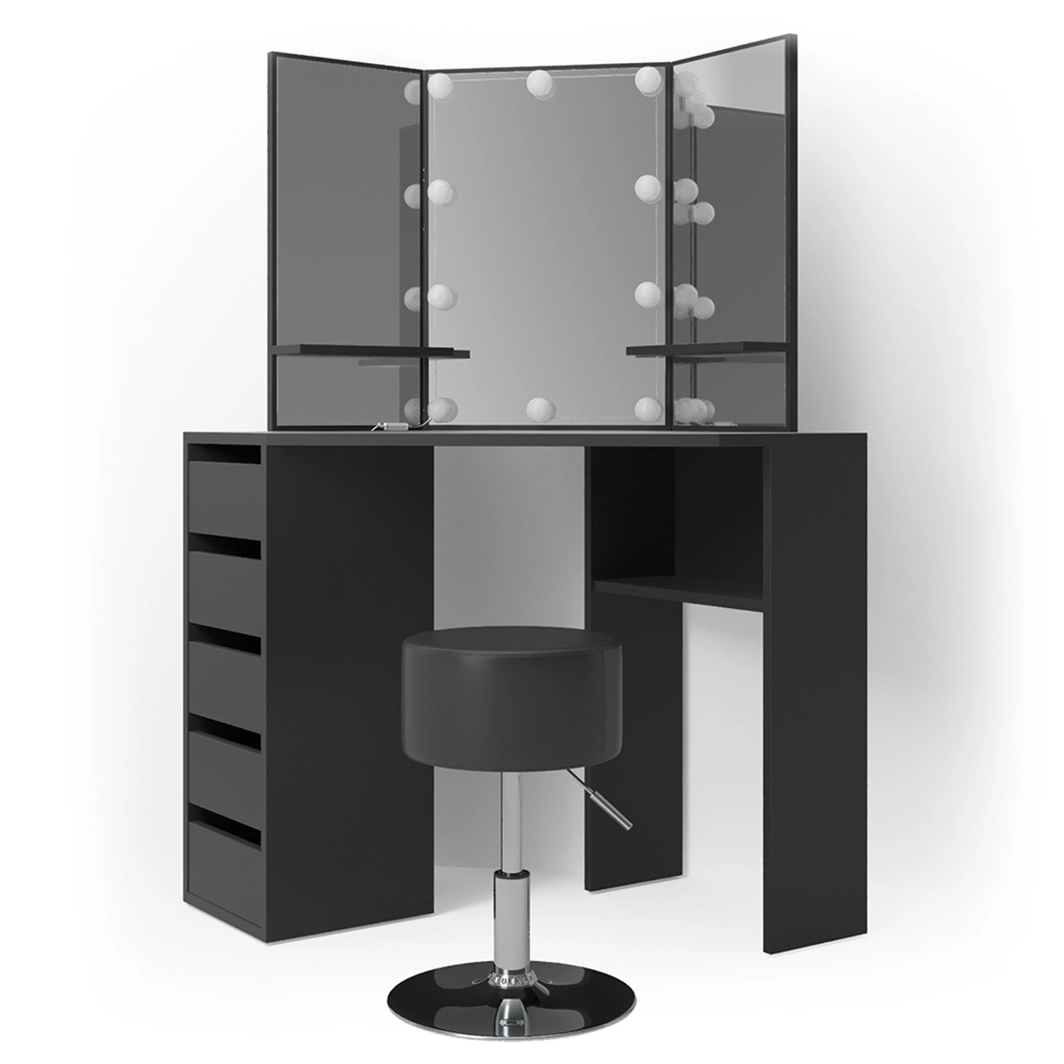 Vicco Eckschminktisch Arielle Schwarz 110 cm mit LED Beleuchtung und Hocker günstig online kaufen
