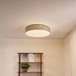 Dimmbare LED-Deckenleuchte Ellamina in Alu-Optik mit Textilschirm, geeignet für Wohnzimmer.