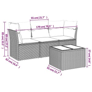 Braune 4-tlg. vidaXL Garten-Sofagarnitur aus Polyrattan mit Kissen und Tisch mit Glasplatte.