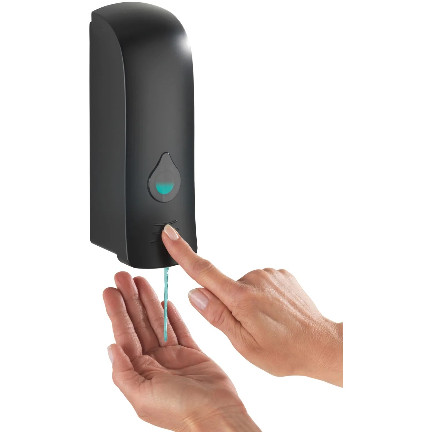 Schwarzer Wenko Desinfektionsmittel- und Seifenspender Ranera S mit Hand unter Spender. Wandmontage.
