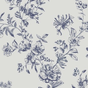 Joules Vliestapete Honey Floral, weiß-blau, florales Muster für dekorative Wandgestaltung.
