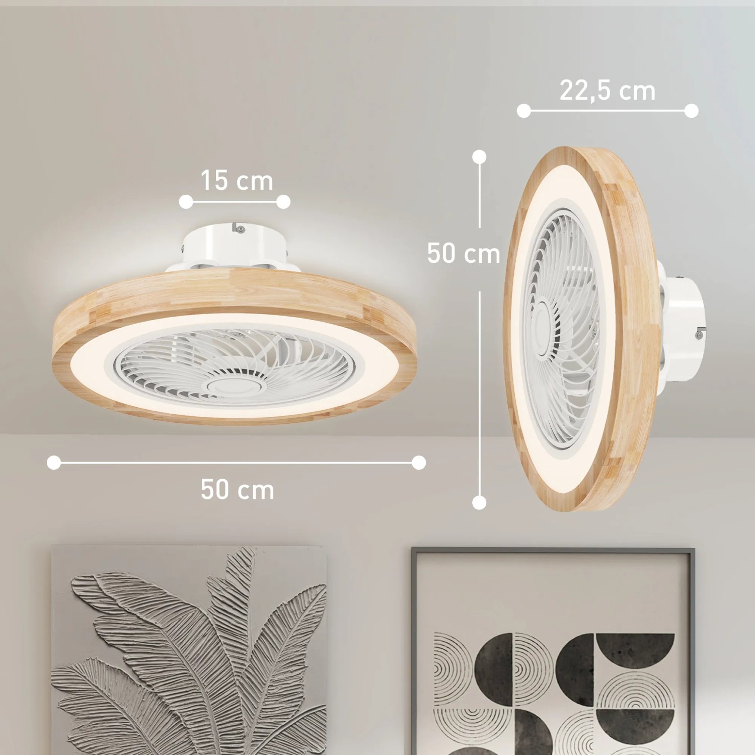 HOMCOM Deckenventilator mit LED-Beleuchtung, Holzoptik, dimmbar und mit Fernbedienung.
