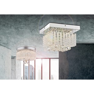 Quadratische LED-Deckenleuchte MATHILDA in Chrom mit Glasstäben und Kristallen.