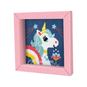 MyMandarine Kreuzstich Stickset: Buntes Einhorn mit Regenbogenmähne im pinken Rahmen. Kreativwerkzeug für Kinder.
