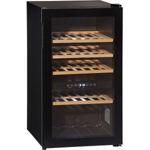 Schwarzer Wolkenstein Weintemperierschrank WTS49DW mit Holzeinlegeböden und digitaler Anzeige.