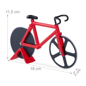 Roter Relaxdays Pizzaschneider in Fahrradform aus Edelstahl und Kunststoff, antihaftbeschichtet, mit Ständer.