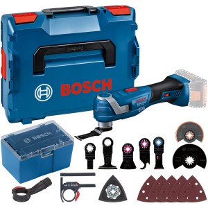 Bosch Professional GOP 18V-34 Multi-Cutter in L-Boxx mit Zubehör und Tauchsägeblatt.