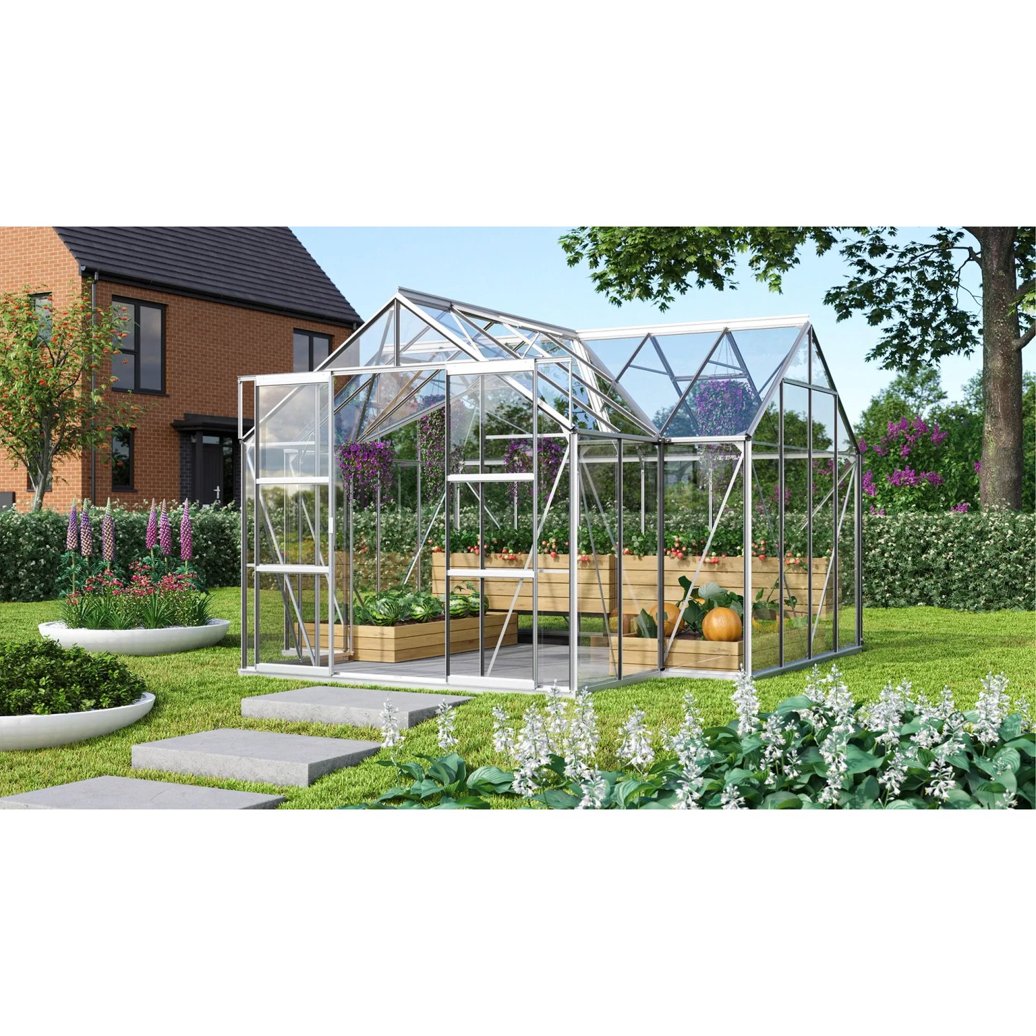 Vitavia Gewächshaus Sirius mit Alu-Rahmen und Fundament im Garten.