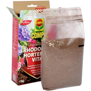 Compo Vital Dünger für Hortensien und Rhododendren, 1 kg Packung und loser Dünger.
