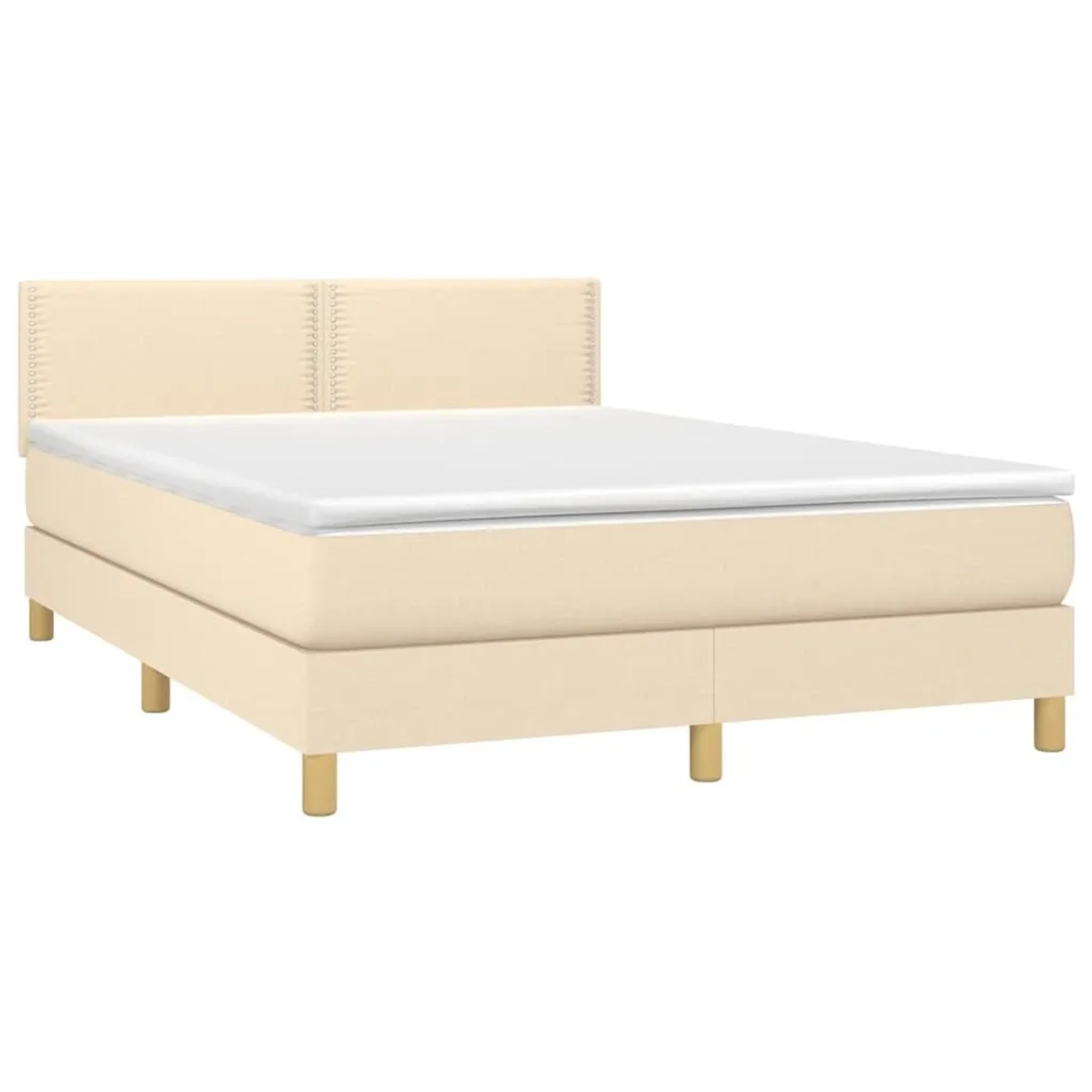Cremefarbenes Boxspringbett mit Matratze, Stoffbezug, inklusive Kopfteil und Matratzenauflage.